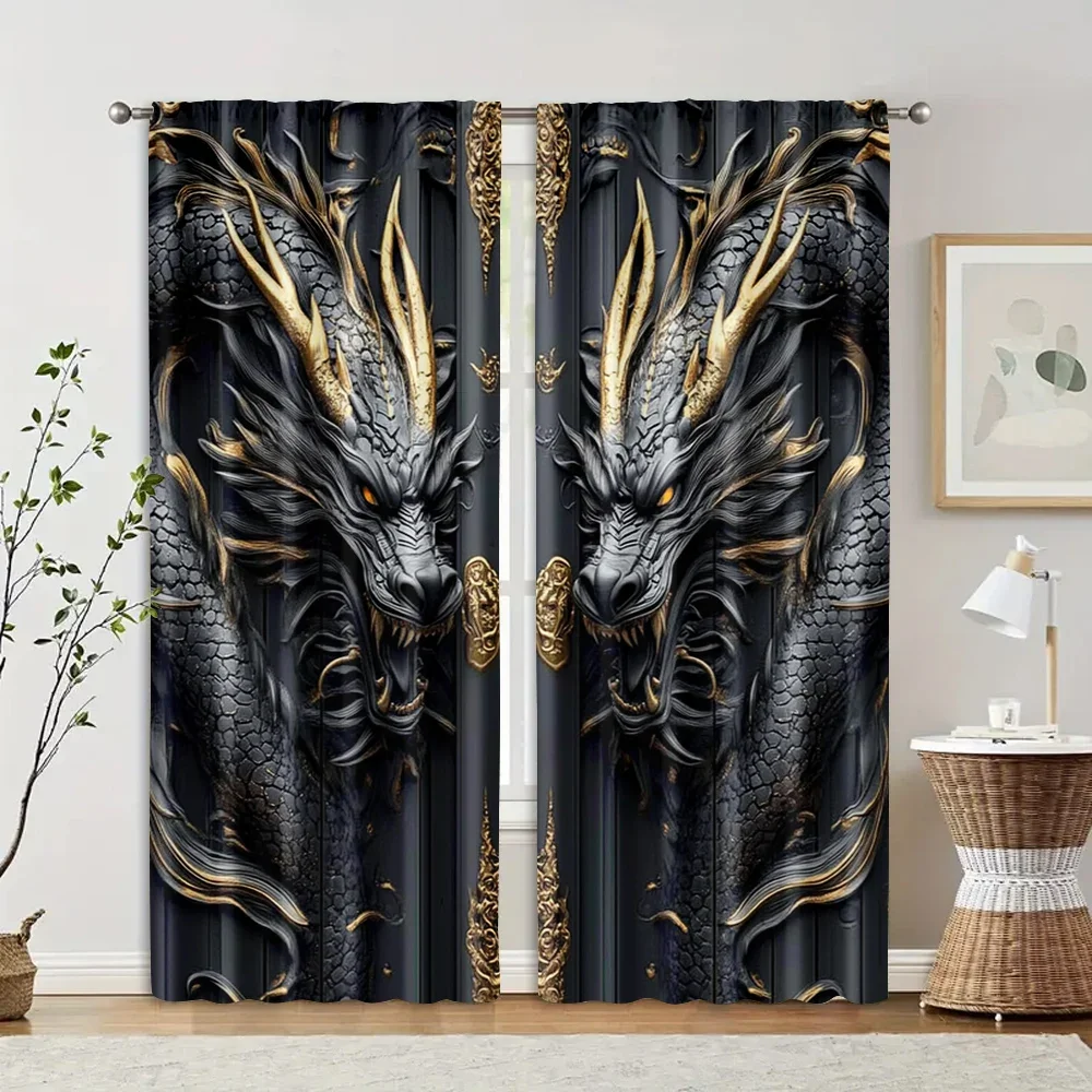 2pcs, Light Filtering Curtains print Vintage Dragon Totem Black and ...