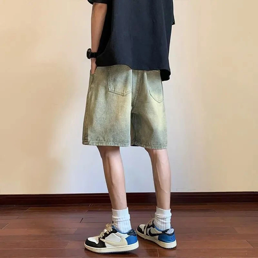 Men's Washed Old Denim Shorts Summer Loose Wide-leg Embroidery Straight Five-point Pants American High Street Hiphop Pants