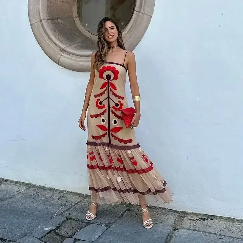 

Women's Printed Ruffle Dress Sexy Off Shoulder Backless Sleeveless Tank Top 2024 Casual Loose Resort Beach Robe