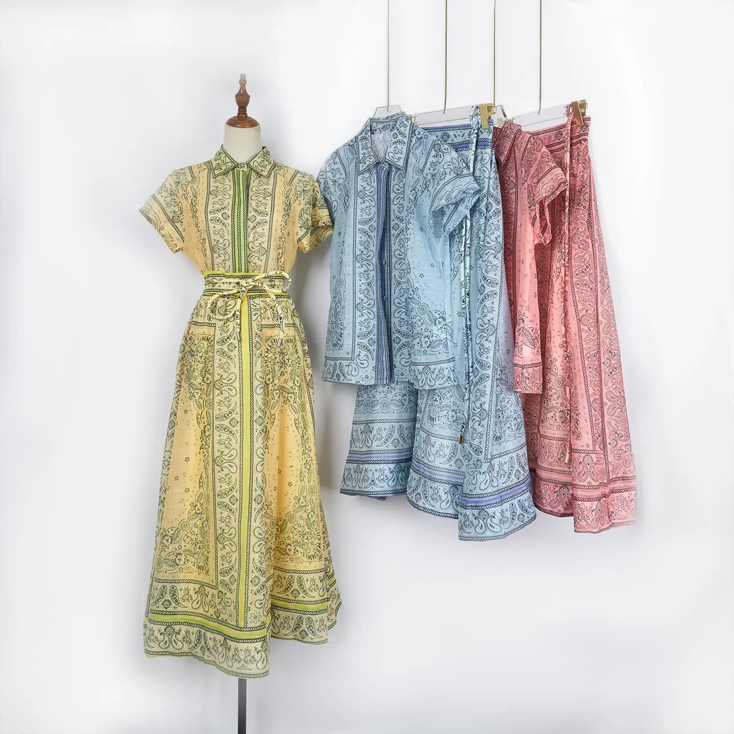 2024New Fashion Clothing Light Blue Floral Print Vintage Short Sleeve Blouse and Midi Skirt Women Sets for Holiday Wo Piece Set