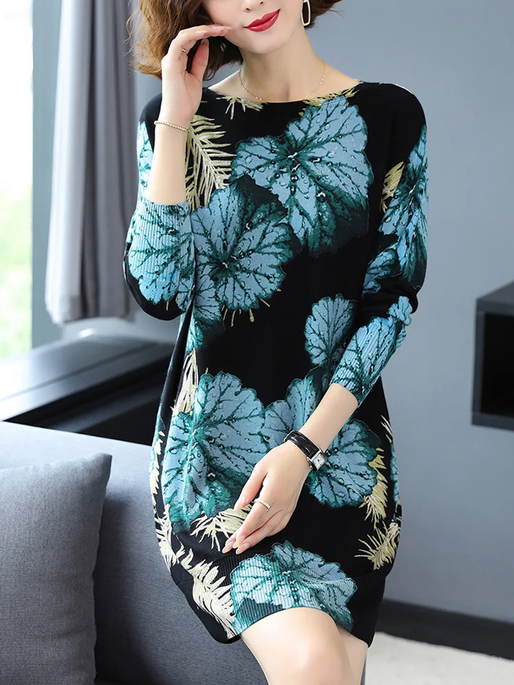 

Print Long Sweater Dress Autumn Fashion Long Sleeve Pullovers Knitwear Jumper Pull Long Sweater Women