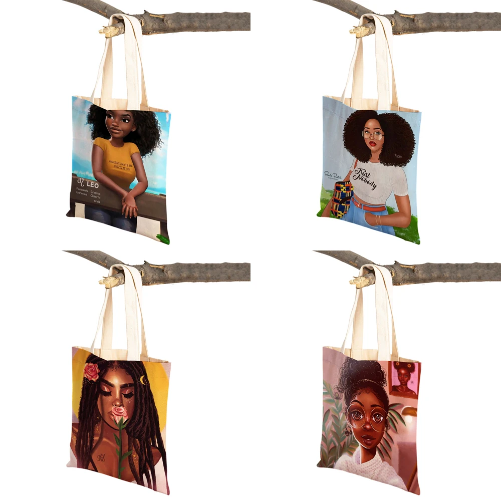 Black Lady Canvas Tote Handbag Reusable Fashion Cartoon Beautiful African Girl Double Print Casual Shopping Bag For Women