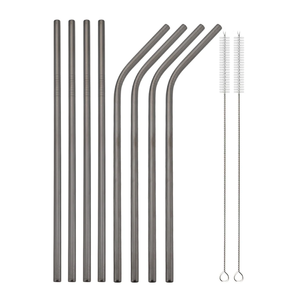 Eco-Friendly Reusable Silver Straw Set with Cleaning Brush, Stainless Steel Bent & Straight Straws