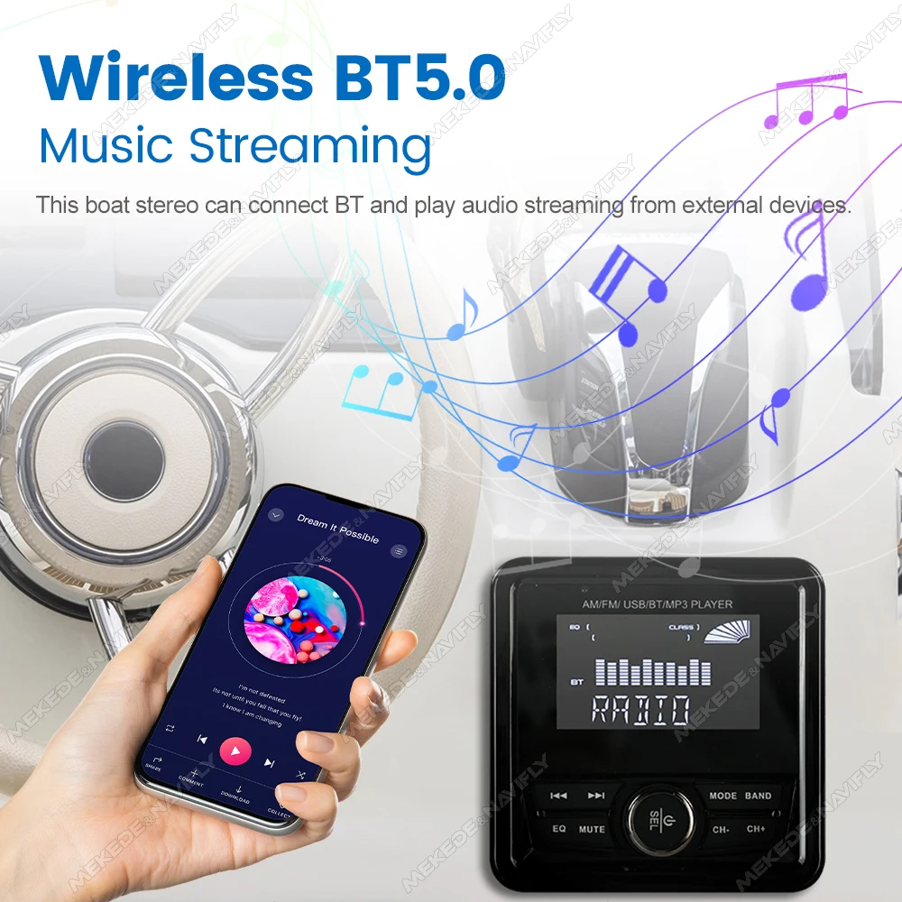 Marine Audio Boat Radio For Yacht Gauge ATV UTV RV Golf Cart Speedboat MP3 MP5 Player 4*75W DSP IP66 Waterproof Wireless BT5.0