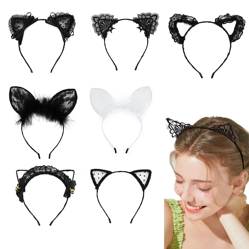 Lace Cat Ears Headband Ear Hairband Horn Mesh Bell Hair Hoop Headwear for Cosplay Costume Party Holidays Cat Ear Headband sheer mesh patchwork see through jumpsuits women summer sleeveless black patchwork stretchy skinny romper night party bodysuit