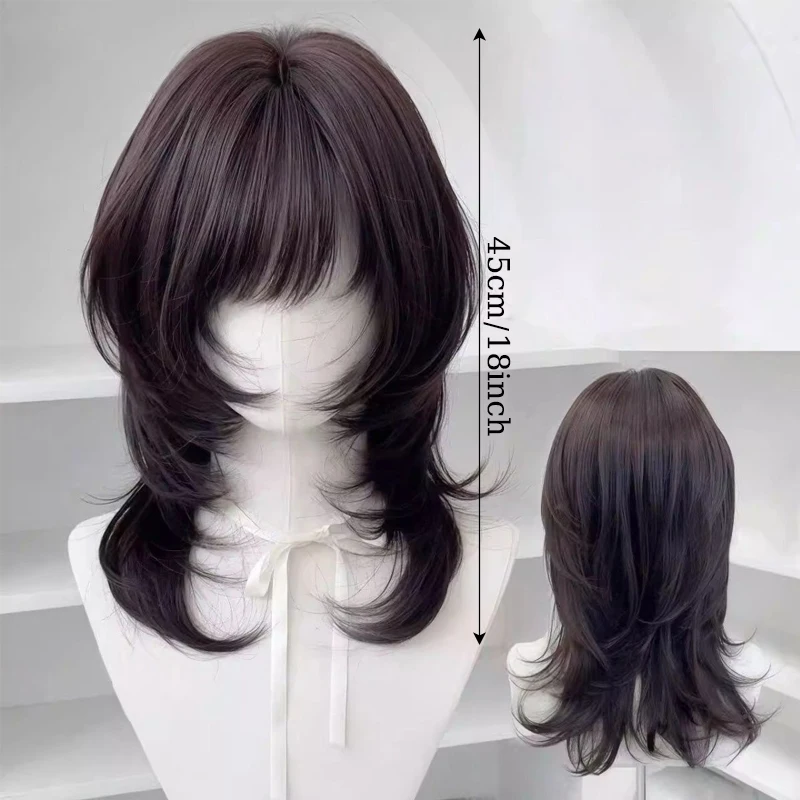 Synthetic Women Wig Hairpiece 18inch High-layered Mullet Haircut Wolf Cut Black Wig with Hair Bangs for Women Daily Party Use