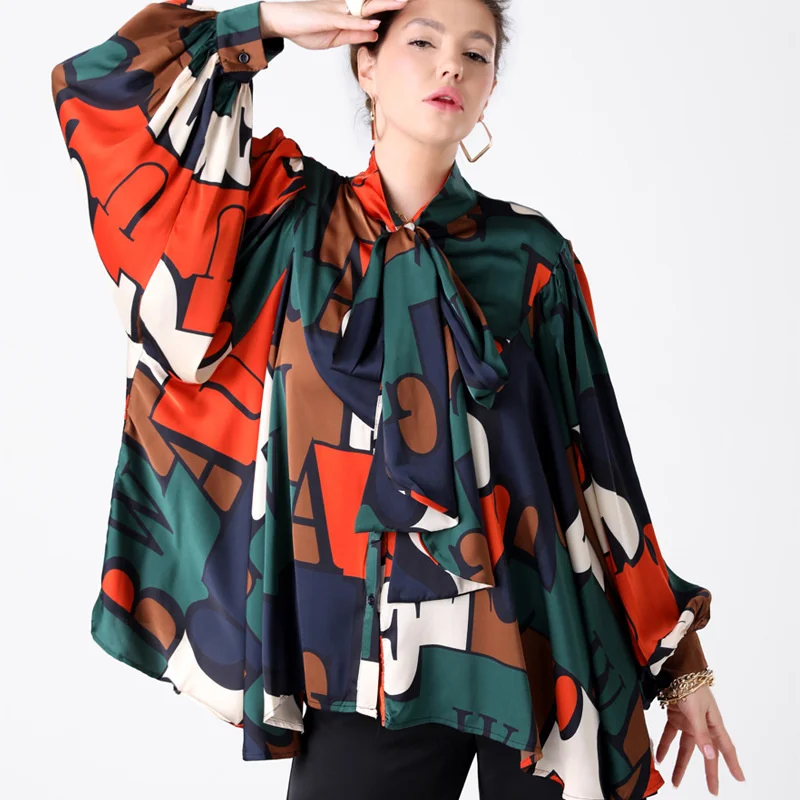 

2023 Spring and summer new arrival women's fashion wide size large acetate satin printed loose blouse 2306-1