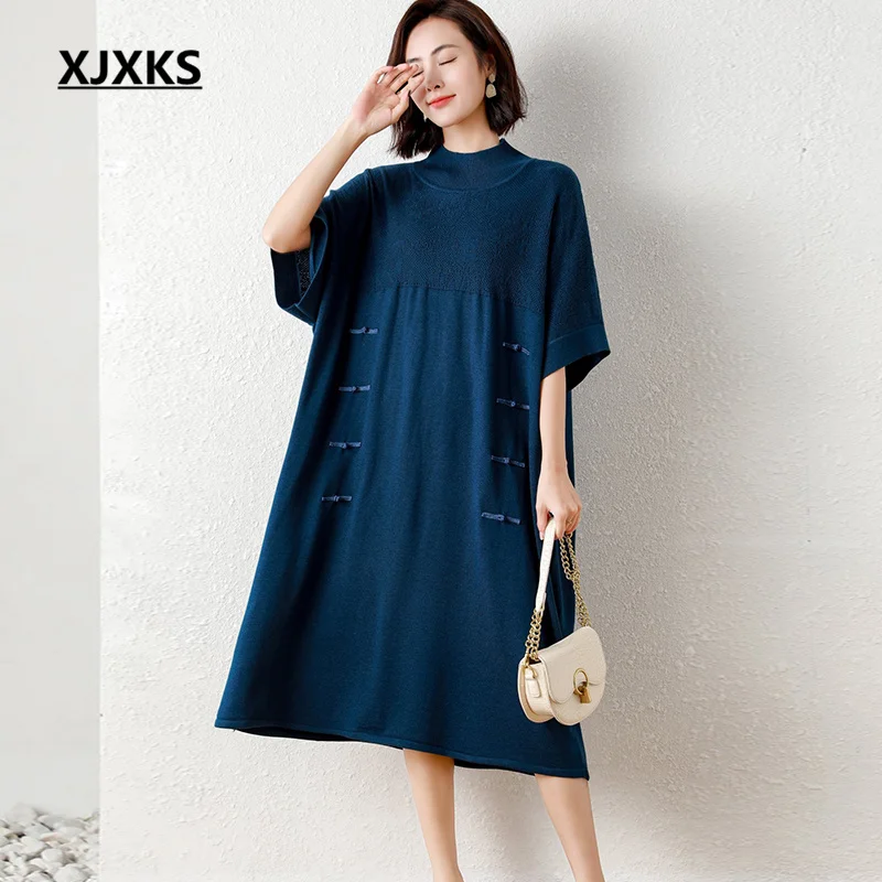 

XJXKS Loose Oversize Women's Dress 2022 Spring Autumn Latest High-end Wool Knitted Short-sleeved Female Long Sweater Vestidos