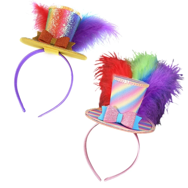 Colorful Flat Top Hat Headband with Feather Adult Kids Funny  display picture 3