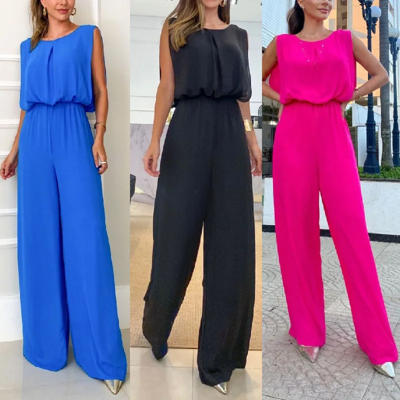 

Women Wide-leg Jumpsuit Elastic Waist Elegant Short Sleeve Party Jumpsuits 2023 Spring Summer Sexy Ladies Backless Playsuits