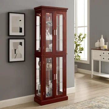 Wooden Display Cabinet with Adjustable Tempered Glass Shelves, Vintage Style Storage Cabinet, Antique Cabinets with Lights