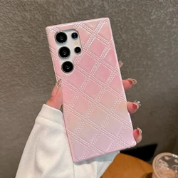Luxurious Rhombus Leather Phone Case - Premium Protective Back Cover - Galaxy S23 Ultra (Pink)