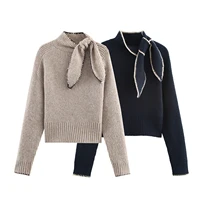 2025 Winter New Sweet and Fashionable Stand up Collar Long Sleeve Bow Decoration Knitted Sweater for Women