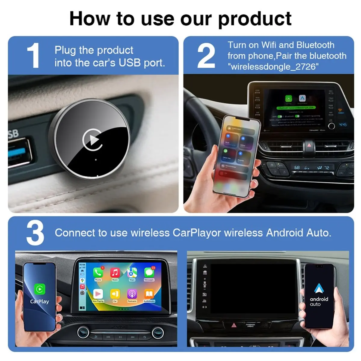 A10R 무선 카플레이 어댑터 안드로이드 오토 2in1 스마트 미니 박스 WIFI BT 자동 연결 플러그 앤 플레이 (대부분의 차종 호환)