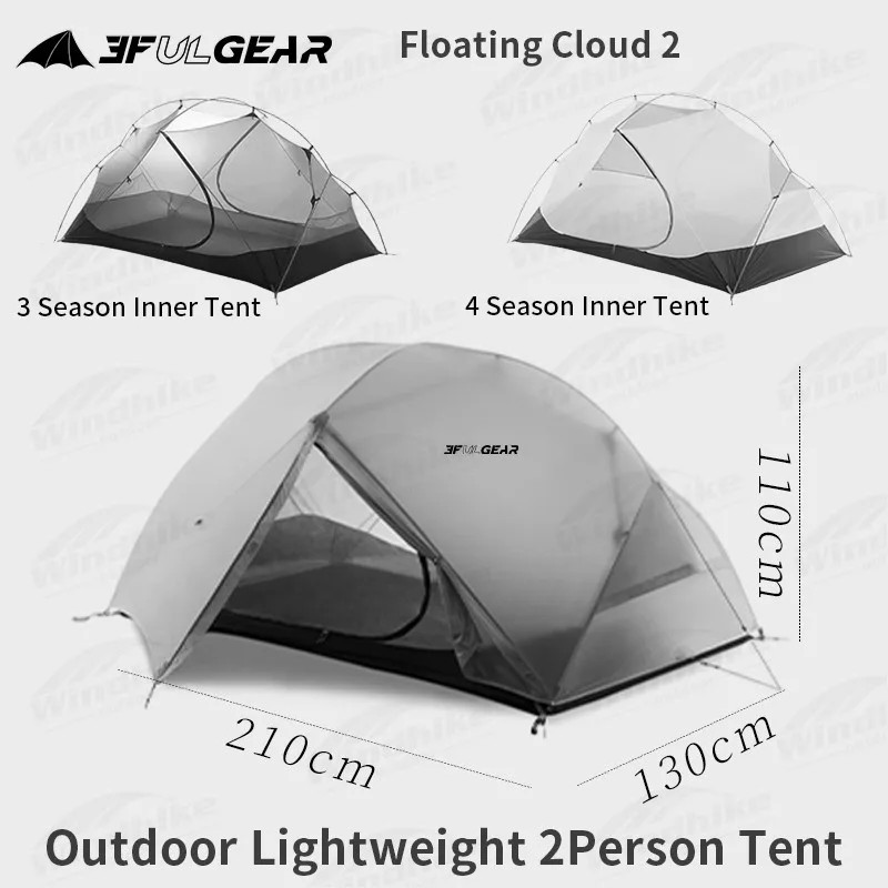3F UL GEAR Floating Cloud 2 Lightweight Double Layer Tent 2 Persons Camping Outdoor Portable 15D/210T Waterproof Windproof 3In1