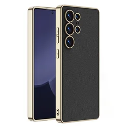 Electroplated Leather Phone Case with Soft TPU Plating Protective Back Cover - Galaxy S25 Ultra (Black)