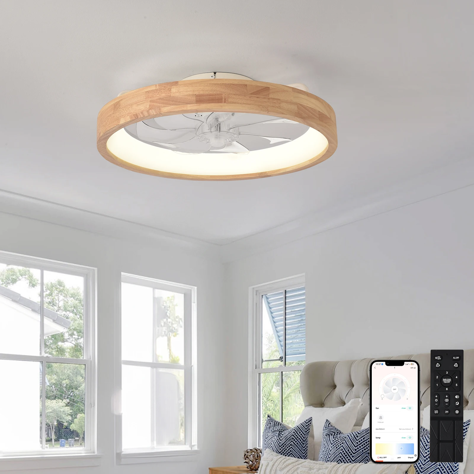 LED Ceiling Fan with Light Dimmable Timing with Remote Control 5 Invisible Reversible Blades Semi Flush Mount Low Profile Fan ceiling fan led ceiling fan lights led fan light