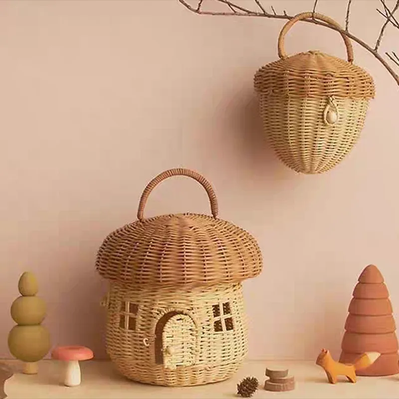 Rattan Woven Tote Bag Castle Mushroom Basket Portable Straw Storage Boxes Bohemian Vacation Picnic Baskets Kids Toys Organizer 4