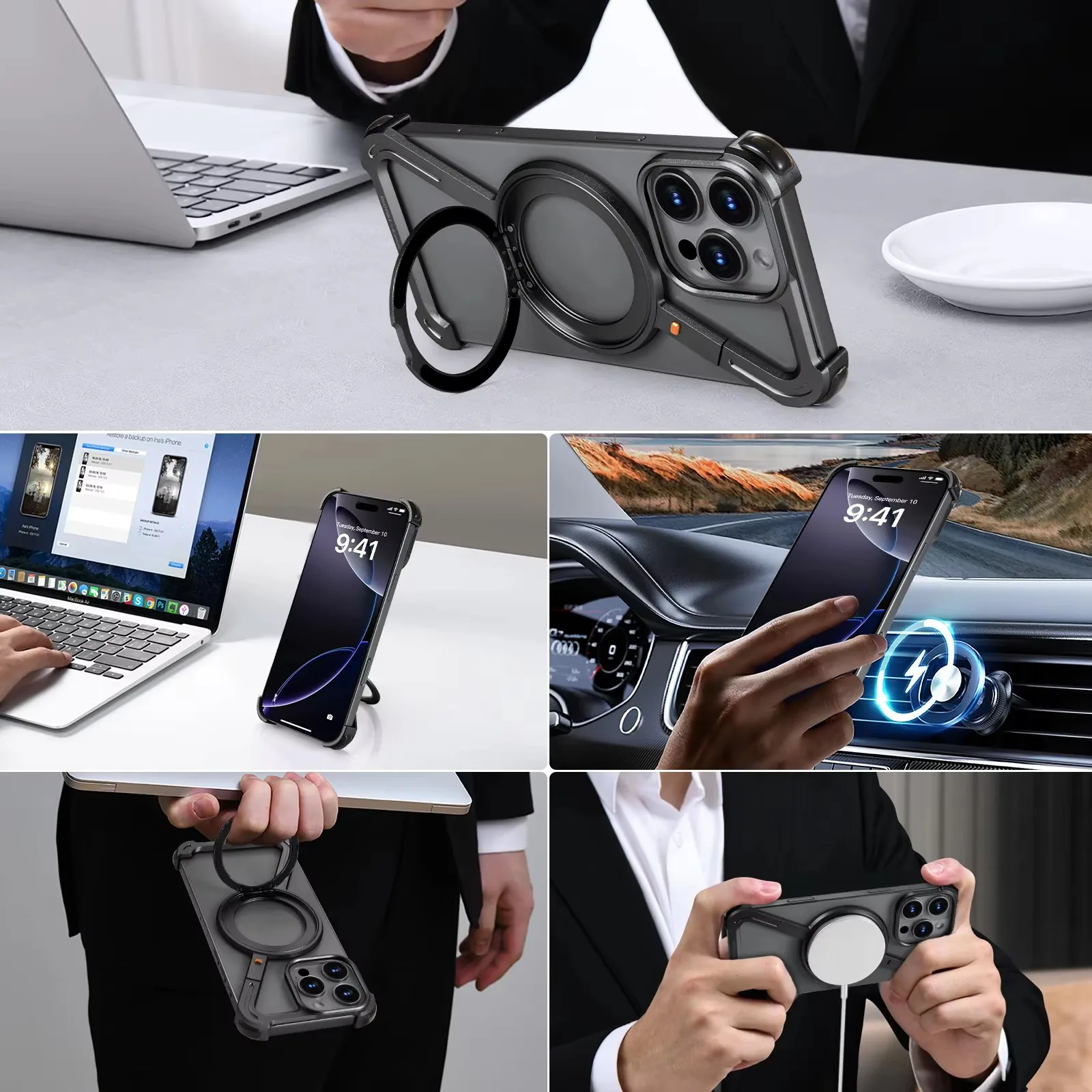 Eary Z Case for iPhone 16 15 14 13 12 Pro Max with Magsafe 360°Rotatable Magnetic Kickstand Metal Frameless Bumper Phone Cover