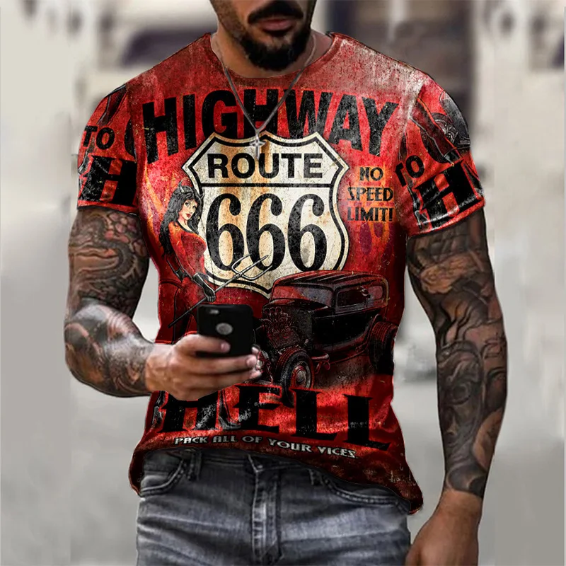 2022 Summer New Men's Retro T-Shirts US Route 66 Letter Print Short Sleeve Oversized Loose Clothes Crew Neck Top Streetwear 6xl
