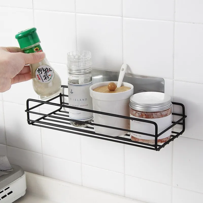 Bathroom Storage Rack Kitchen Organizer Shelf Black Shelves Corner Frame Iron Shower Punch Free Mounted Caddy Rack 3