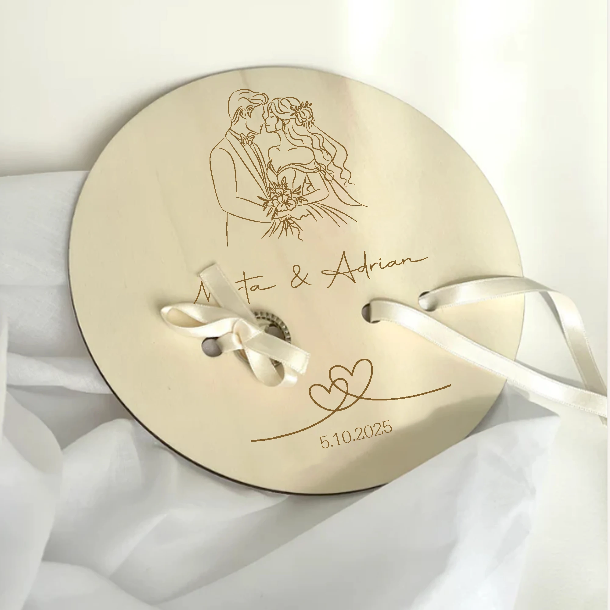 Customized Rustic Wooden Ring Stand with White Ribbon - Unique Wedding or Anniversary Gift