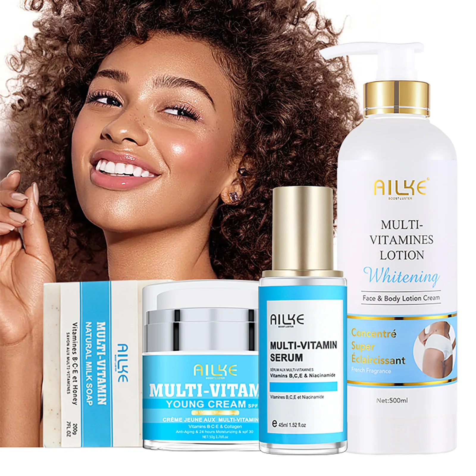 AILKE Multi-Vitamin Lightening Skin Care Set, Reduce Dark Spots, Whitening, Even Skin Tone, Moisturizes with Vitamins B/C/E