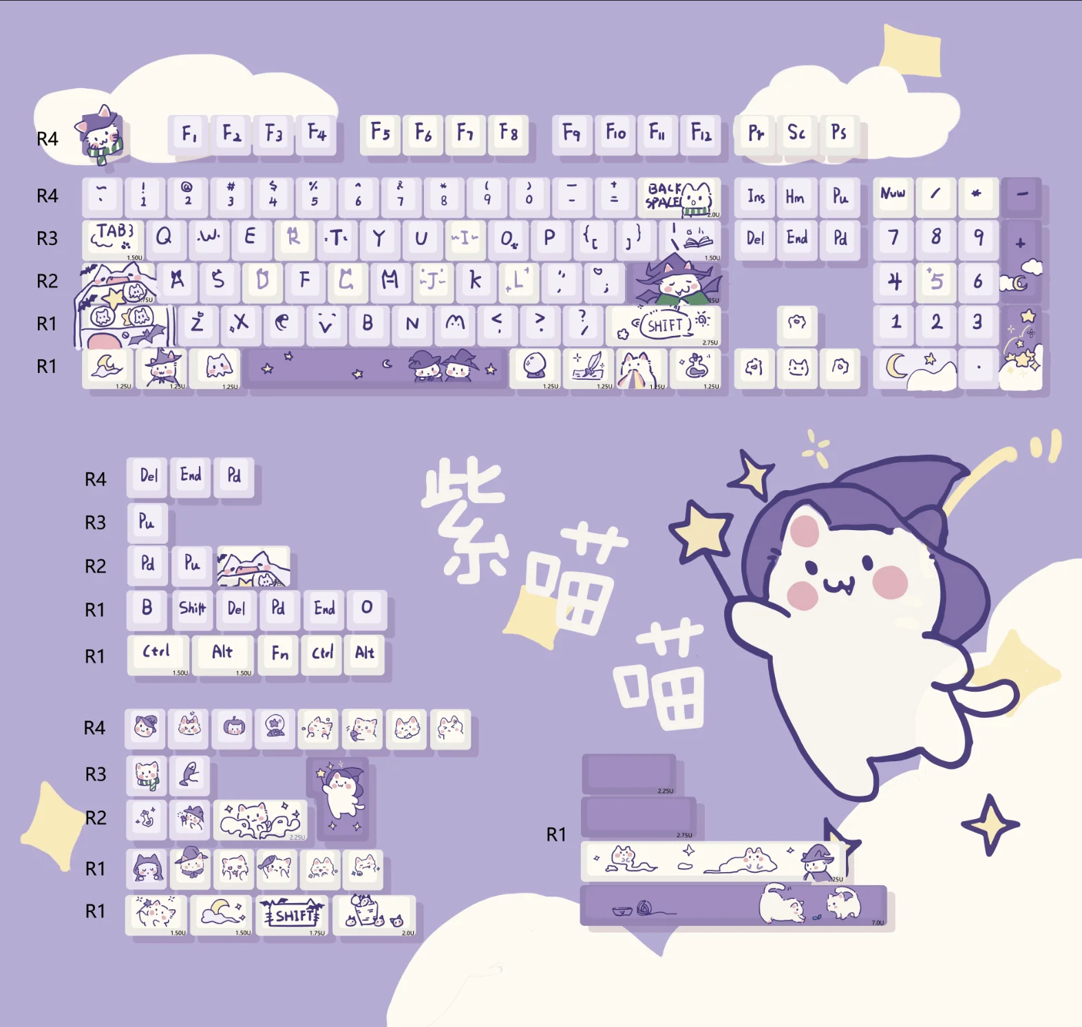 Teclado Mecânico Keycap Gato Roxo dos Desenhos Animados Roxo Mágico Bonito Meow Keycap Moa Cereja Mda Faça Você Mesmo 131 Chaves 150 Chaves - Imagem 6