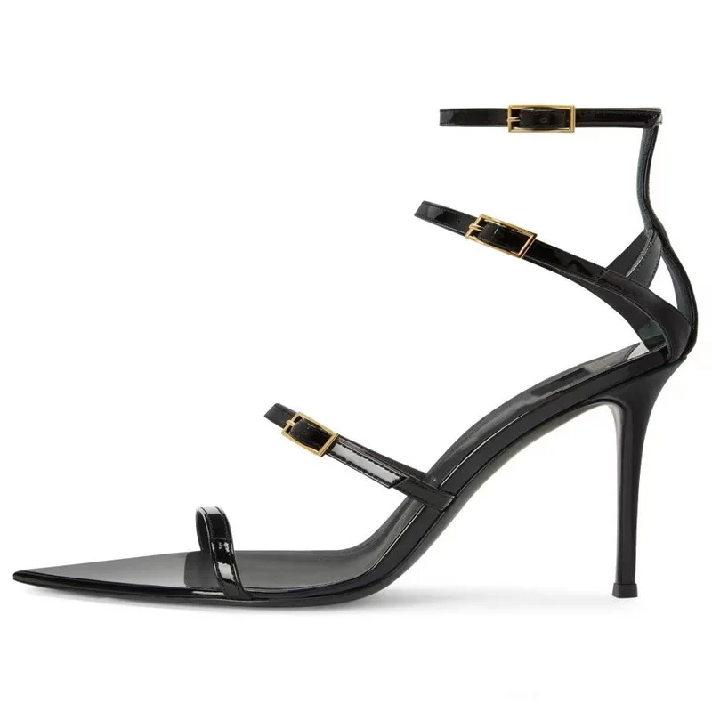 

High Heel Women's 2024 New Foreign Trade Open Toe One Line Buckle Women's Shoes with Thin Heels Roman Style Black Sexy Sandals