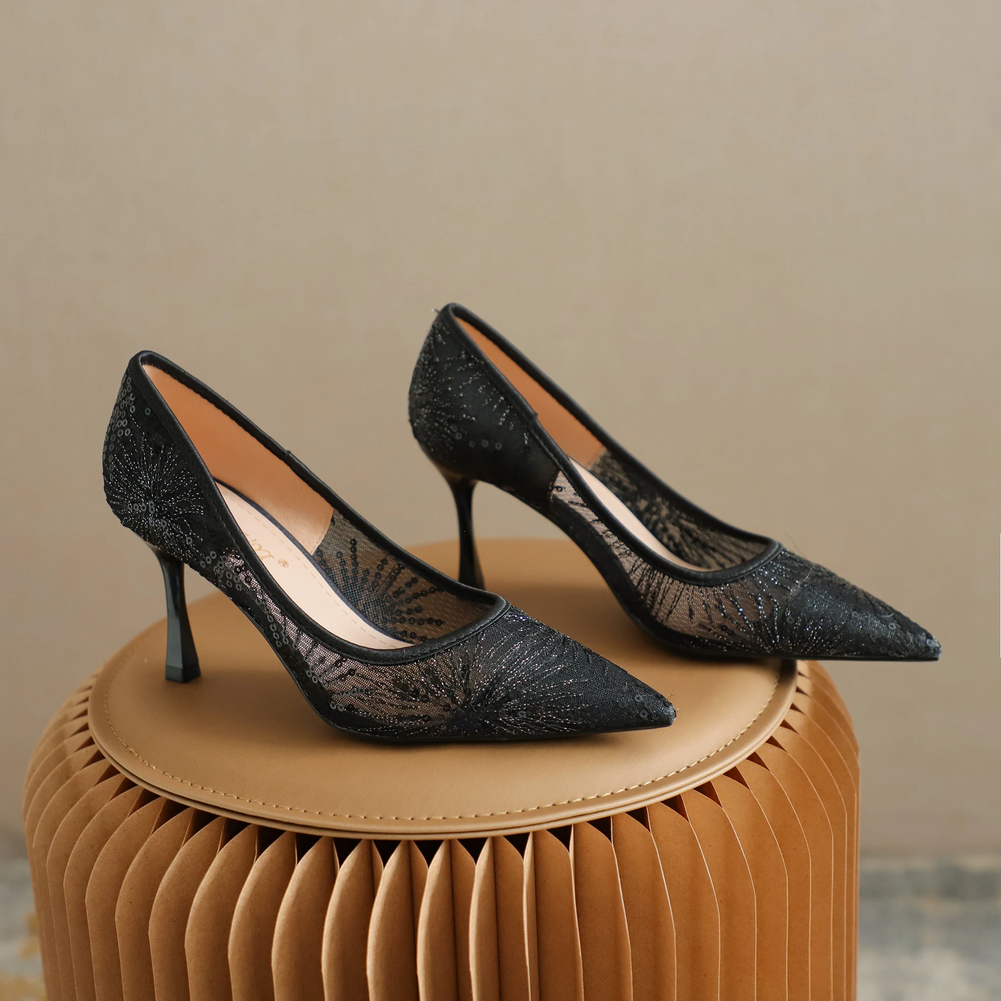 Xibeilove New 2024 Summer Mesh Breathable High Heel Pointed High Heel Shoes Women's Single Shoes Blue Banquet Shoes