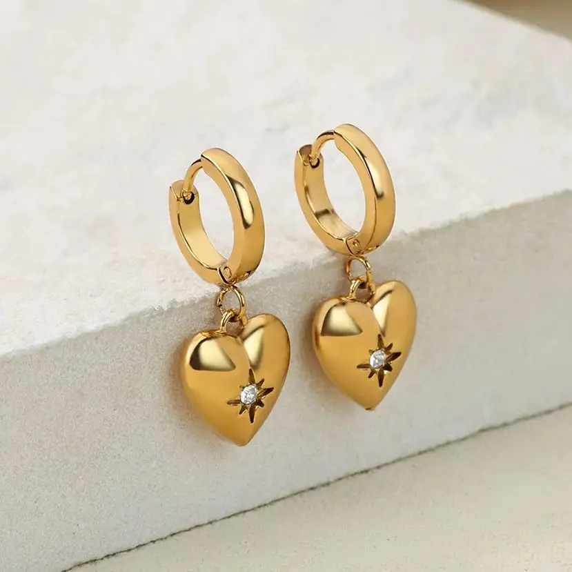 Zircon Heart Star Drop Earrings For Women Luxury Gold Color Stainless Steel