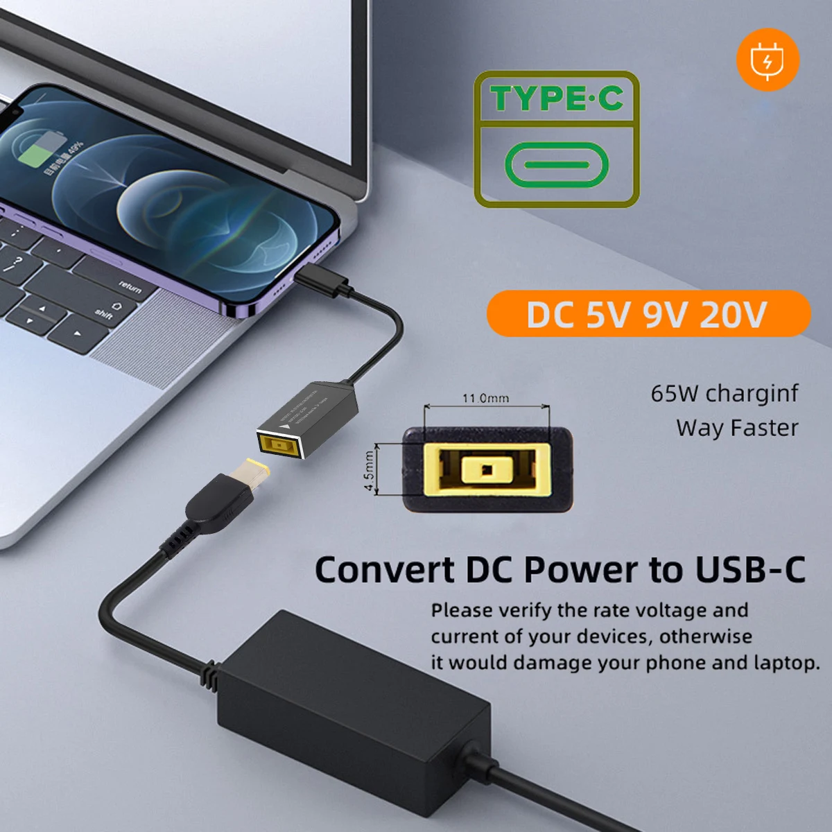 Square Jack to USB Type-C Converter PD65W Charging Cable Compatible with Lenovo Power Adapter for Laptops Mobile Phones Tablets laptop power adapter