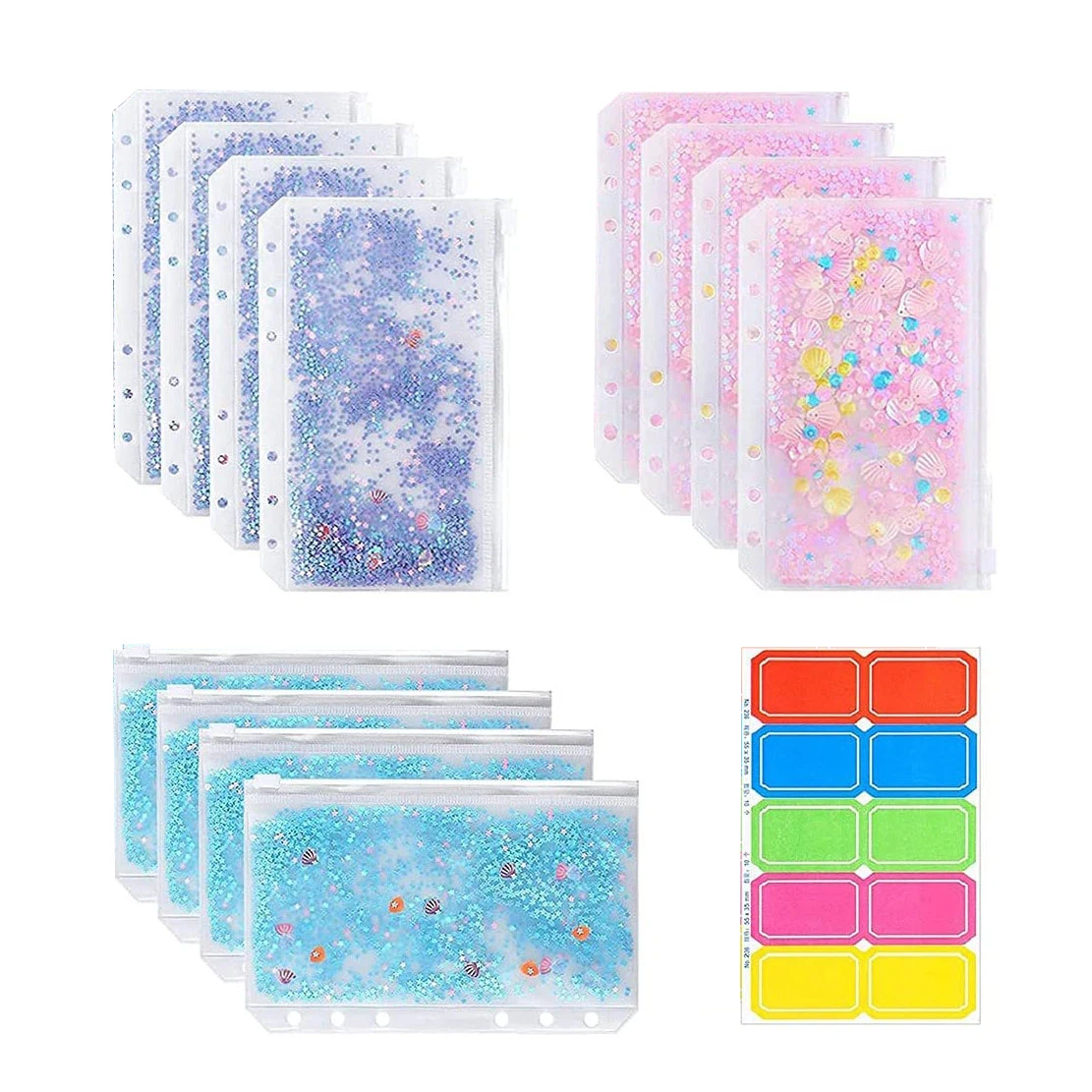 12Pcs A6 Glitter Zipper Binder Pockets for Notebook Planner