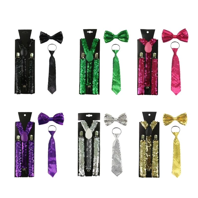 

Women Men Sequins Suspenders Bowtie Necktie Set Clip-on Elastic Y-Shape Back Brace Suspenders Cosplay Costume