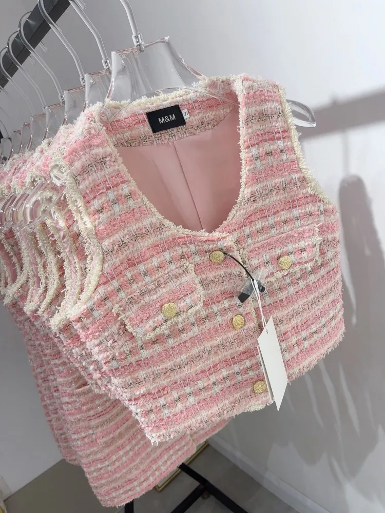 French Small Fragrant Summer Luxury Tweed Tank Tops Women's Clothing Pink  Tassel Vest Coat Female Outwear