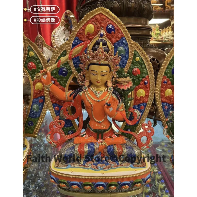 

2024 Buddhism TOP grade color Painted copper Manjusri Bodhisattva Buddha statue HOME Temple Worship efficacious protection 36cm