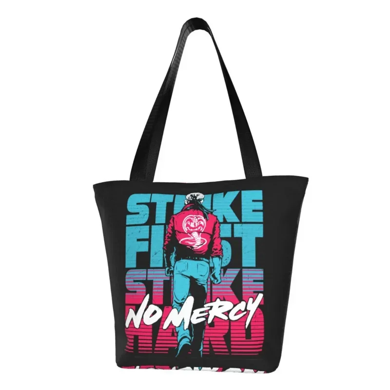 

Cobra Kai Tote Shopping Bag Karate Kid Strike First Strike Hard No Mercy Canvas Shoulder Shopper Bag Large Capacity Handbag