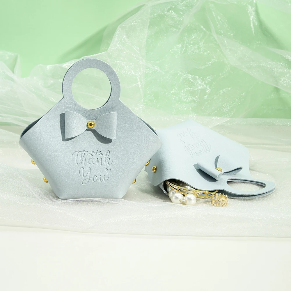PU Leather Bowknot Candy Gift Bags With Thank You Logo Wedding Party Favors Package Bags for Baby Showers Birthday Christmas