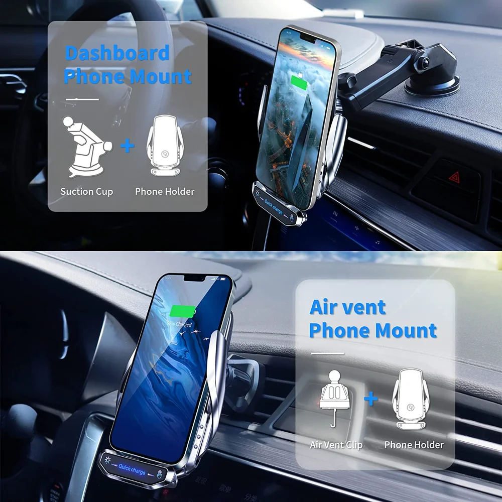 Cargador de coche inalámbrico compatible con iPhone 15 Pro Max/15 Pro/14/14  Pro Max/13/12/11 Series, soporte de ventilación de aire de sujeción