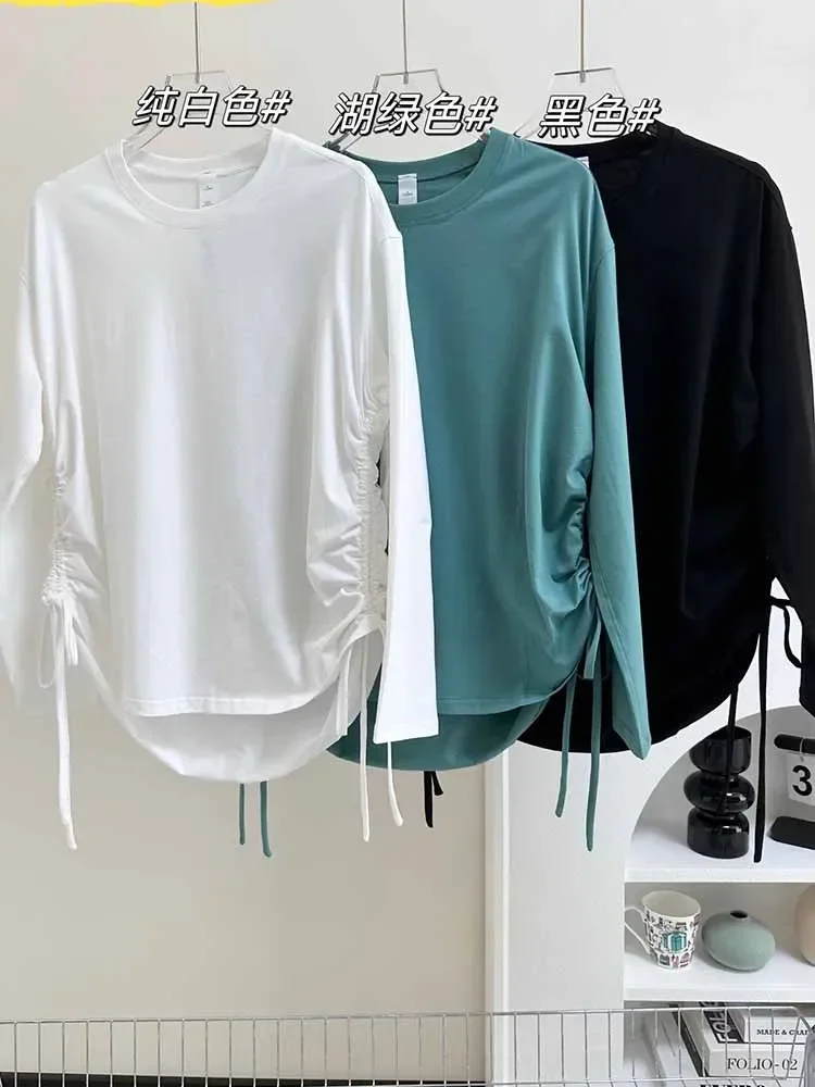 

Women 2023 New Fashion Round neck drawstring Blouses Vintage Long Sleeve Button-up Female Shirts Blusas Chic Tops
