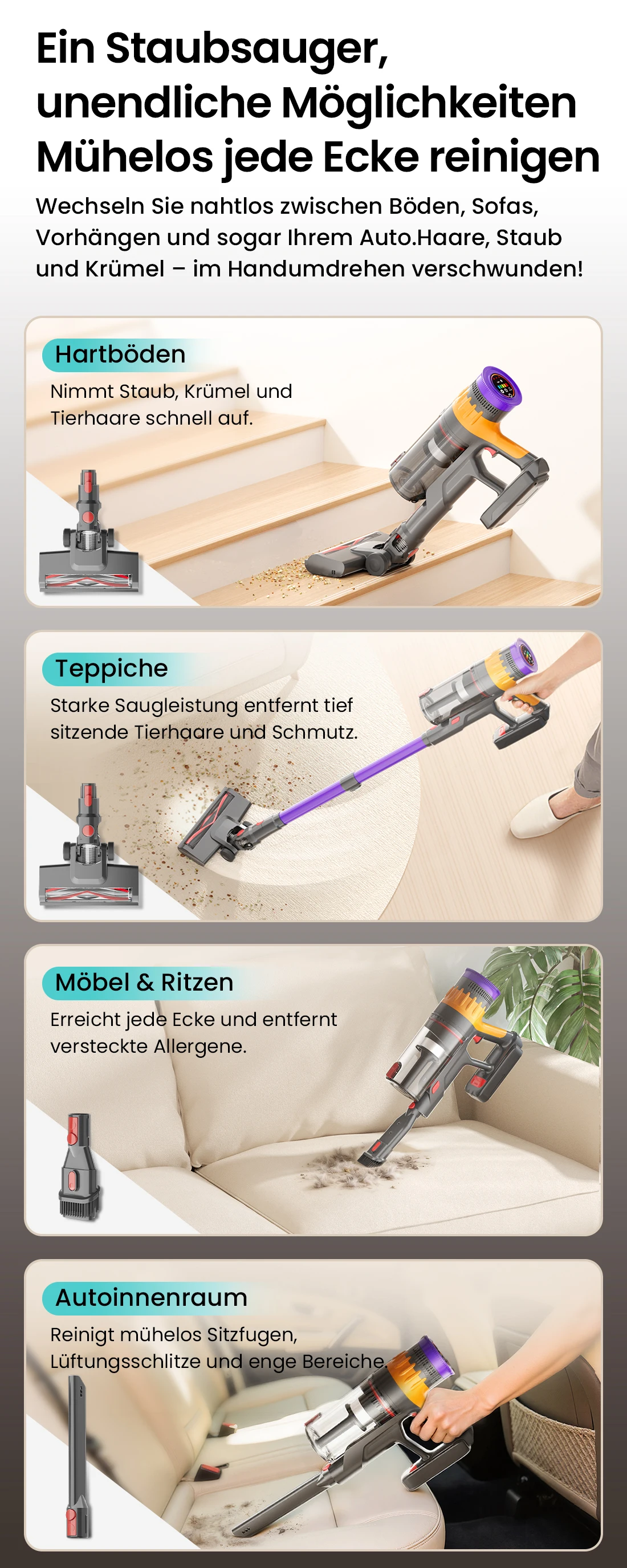 Lefant V1 Kabelloser Handstaubsauger 40KPA Saugkraft, Großer Touchscreen, für Tierhaare/Teppich/Hartböden – Detail 6