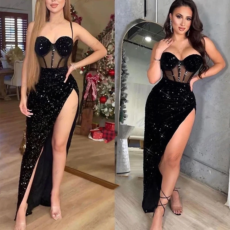 

Sexy Illusion Black Prom Dresses Side High Split Glitter Sequined Spaghetti Evening Special Occasion Dress For Women 2024