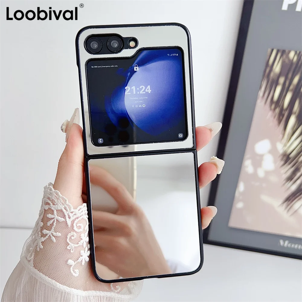 Chic Matte Black Folding Case with Makeup Mirror & Airbag Shockproof Protection