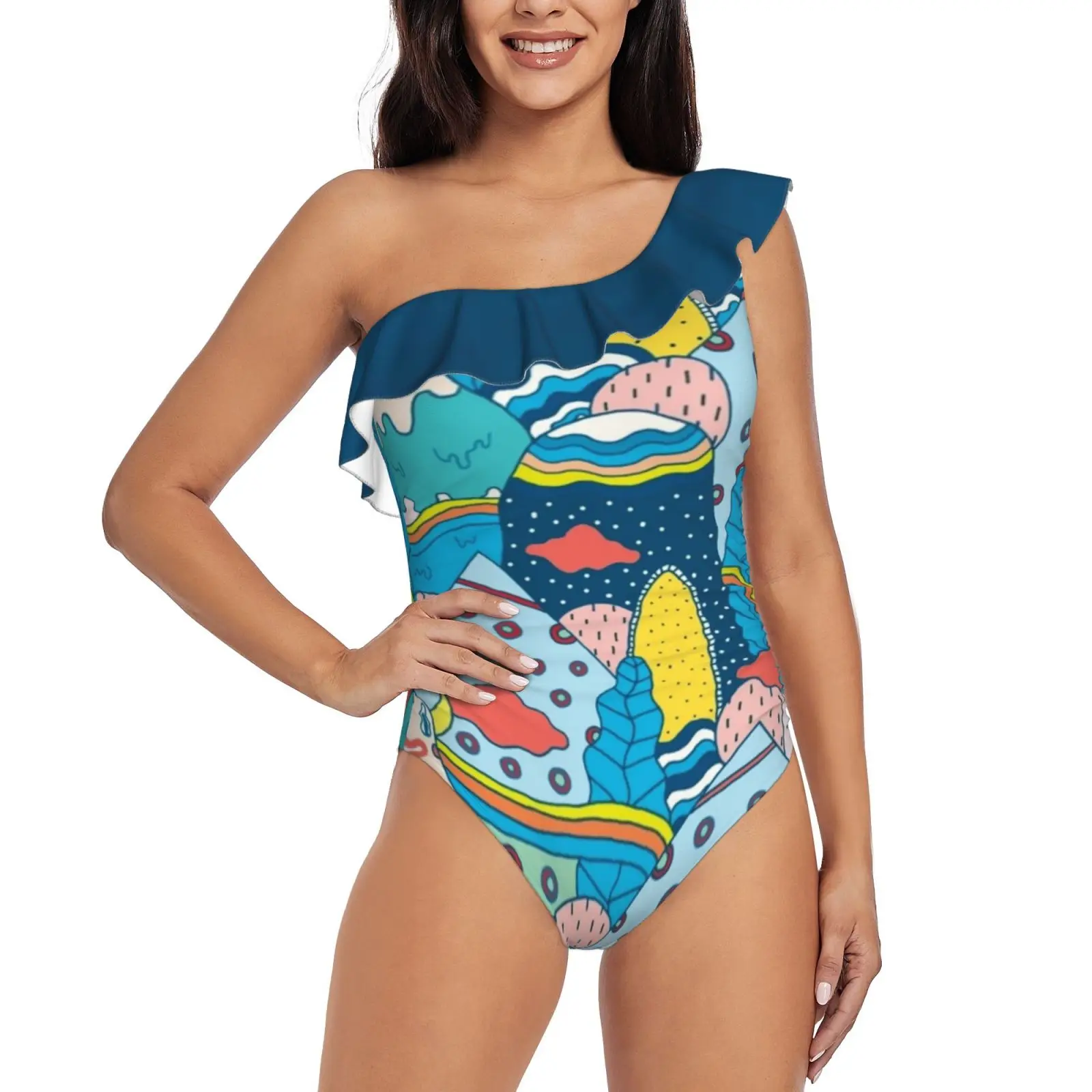 Lost! One Shoulder Ruffle Swimsuit Print Swimwear Female One Piece