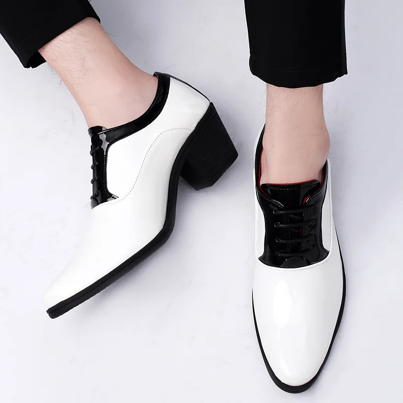 Classic Glitter Leather Men's Dress Shoes Fashion Red Mirror Luxury Shoes Men Increasing-height Heel Men Footwear