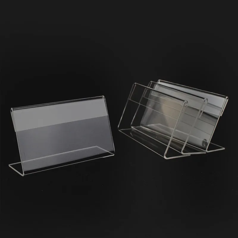 10pcs Clear Price Tag Clip Sign Card Holder stands L Shape Mini Label Deskstop stand Racks Acrylic Card Display Holder 4X2 7X4cm