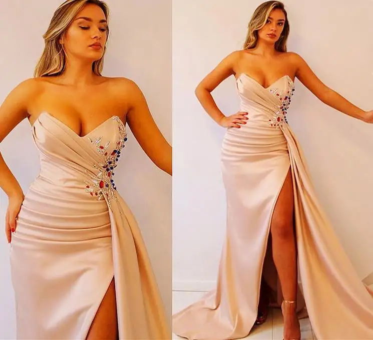 

Plus Size Arabic Aso Ebi Champagne Beaded Crystals Prom Dresses Sweetheart High Side Split Evening Formal Dress Party Wear