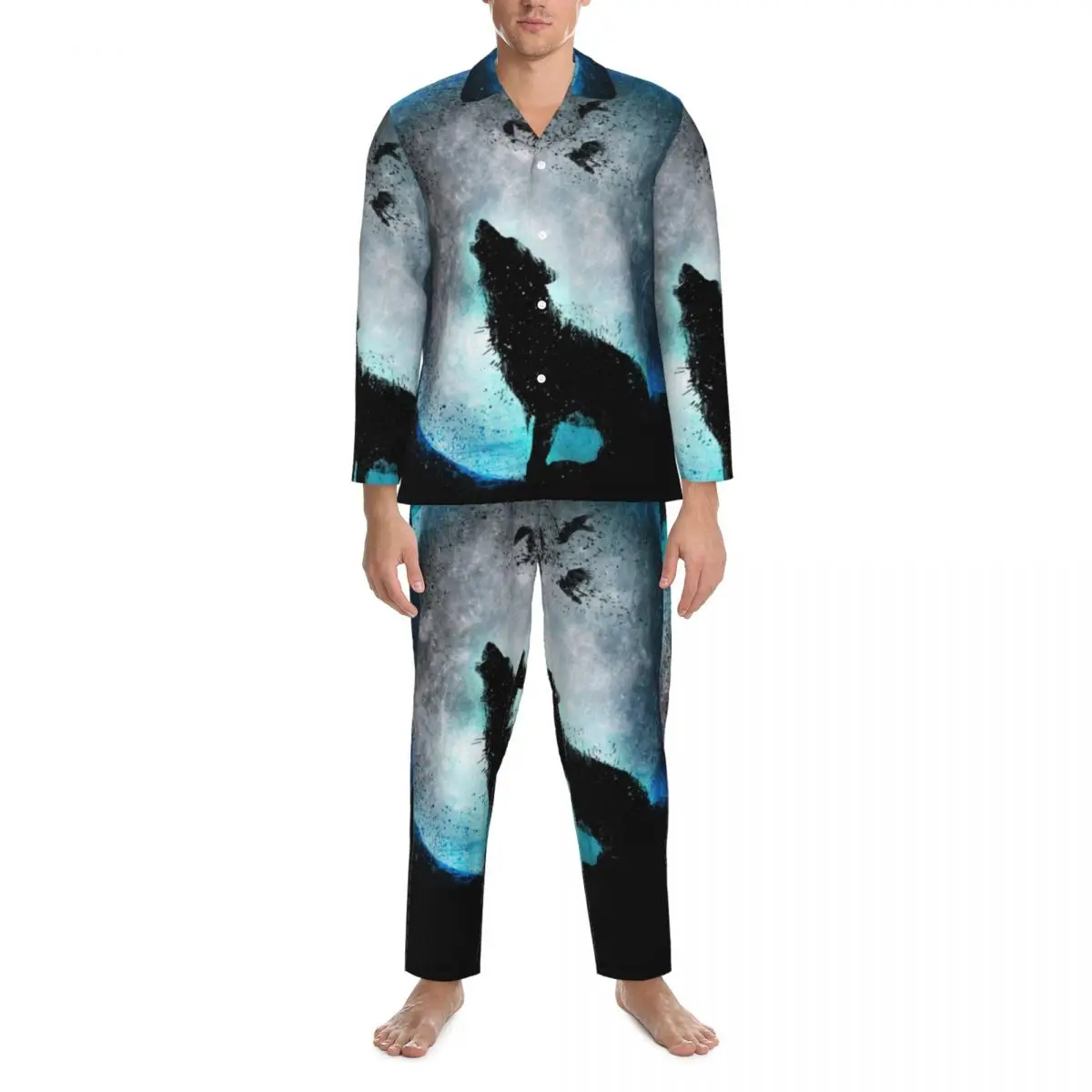 

Funky Wolf Sleepwear Autumn Midnight Howl Casual Oversized Pajamas Set Mens Long Sleeve Soft Bedroom Graphic Nightwear