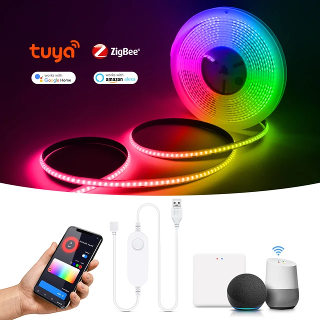 ZigBee W/WW/RGB LED Strip Smart Tuya Alexa Lights USB 5V Dimmable COB Neon Tape With LED Controller Home Room Bedroom Decoration