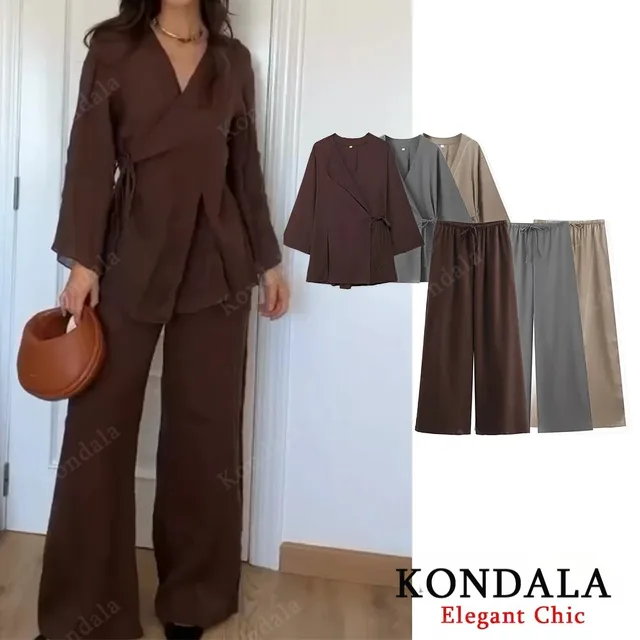 KONDALA Fall Casual Chic Loose Set Women Set Fashion 2025 Spring Autumn Long Sleeve Kimono Crossover Jacket+Pants NightWear Suit